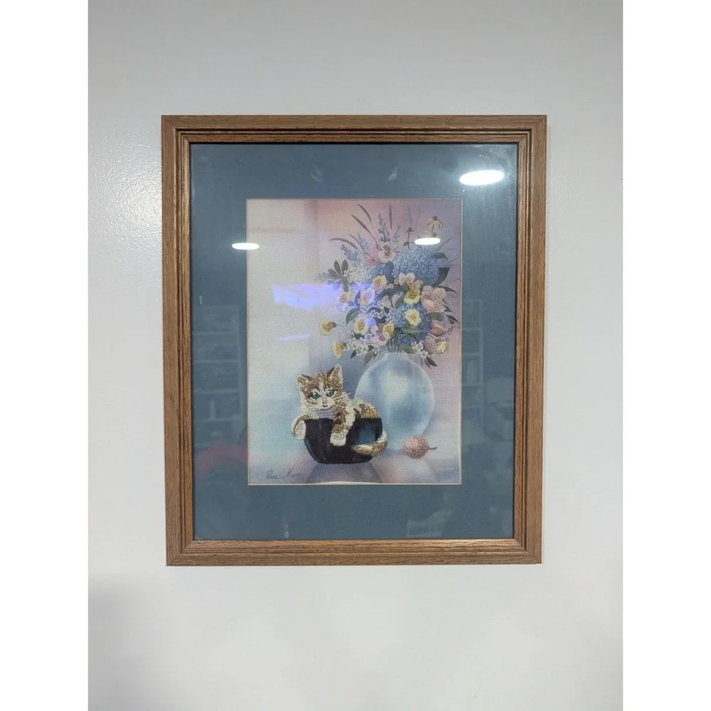 Vintage Signed Hand Embroidered Floral Cat Wall Hanging Framed Art‎ 20
